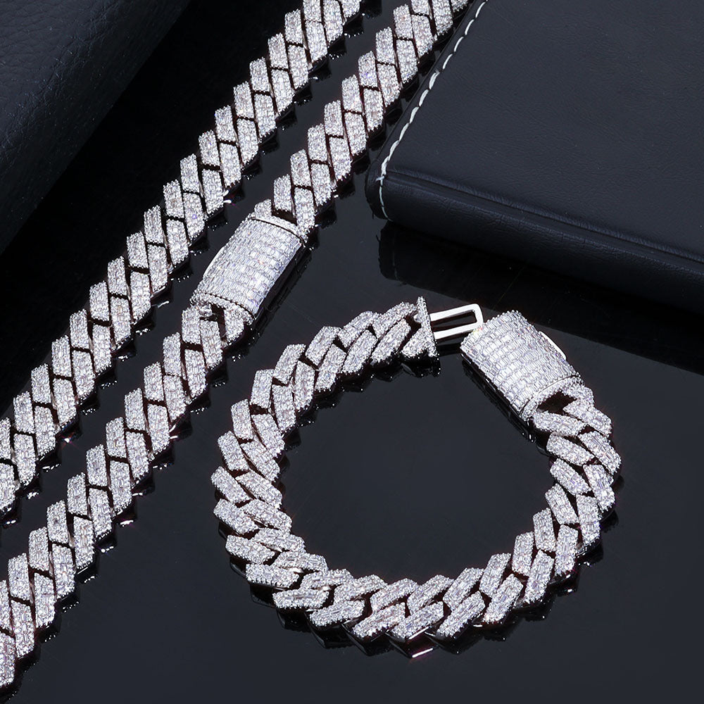 14mm S925 silver moissanite mixed inlaid T square diamond Cuban chain bracelet