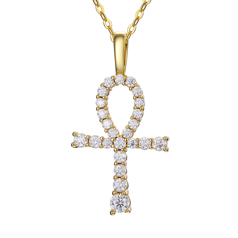 Moissanite and Diamond Micro Cross Pendant Necklace (Sterling Silver)