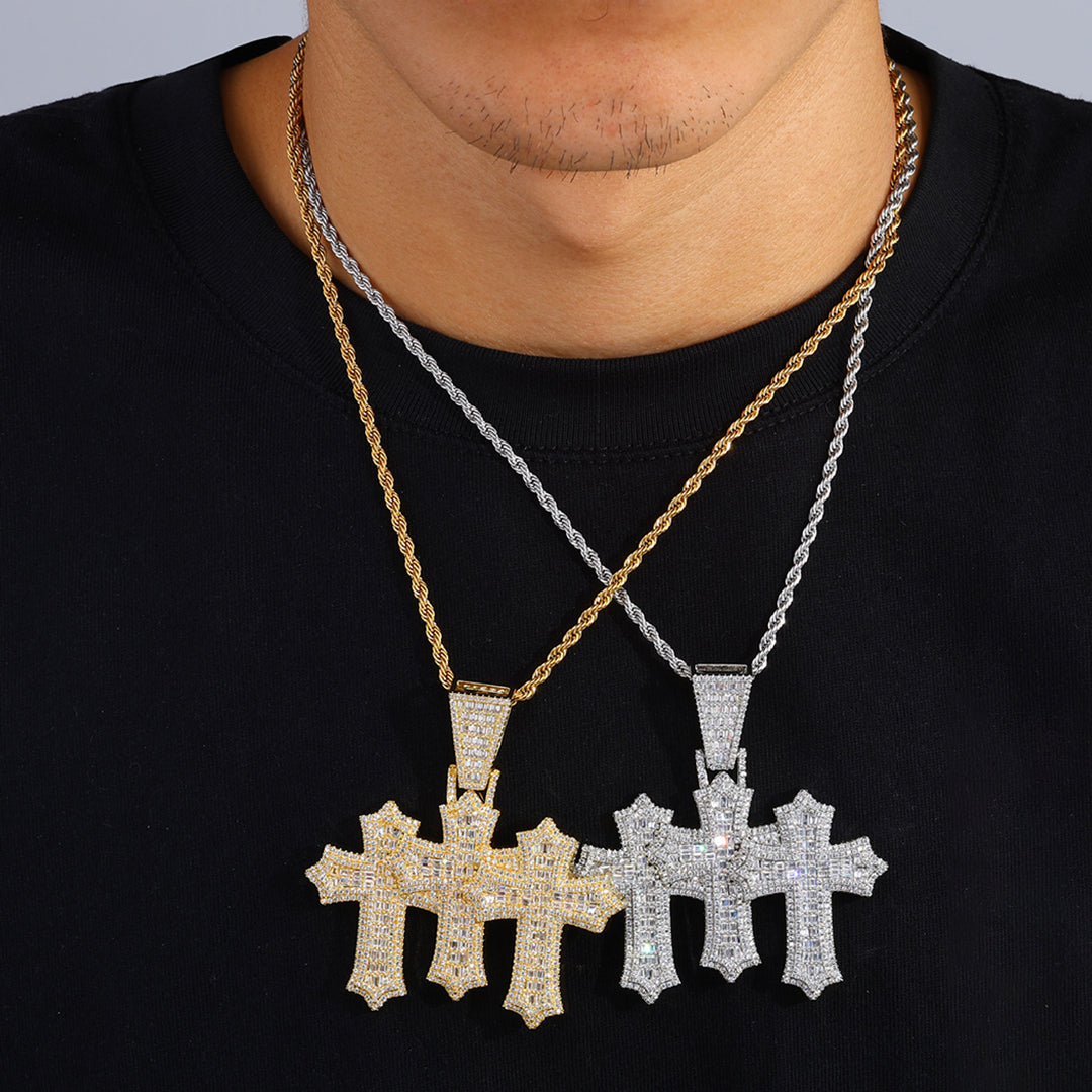 Moissanite Iced Out Baguette Cut Triple Cross Pendant