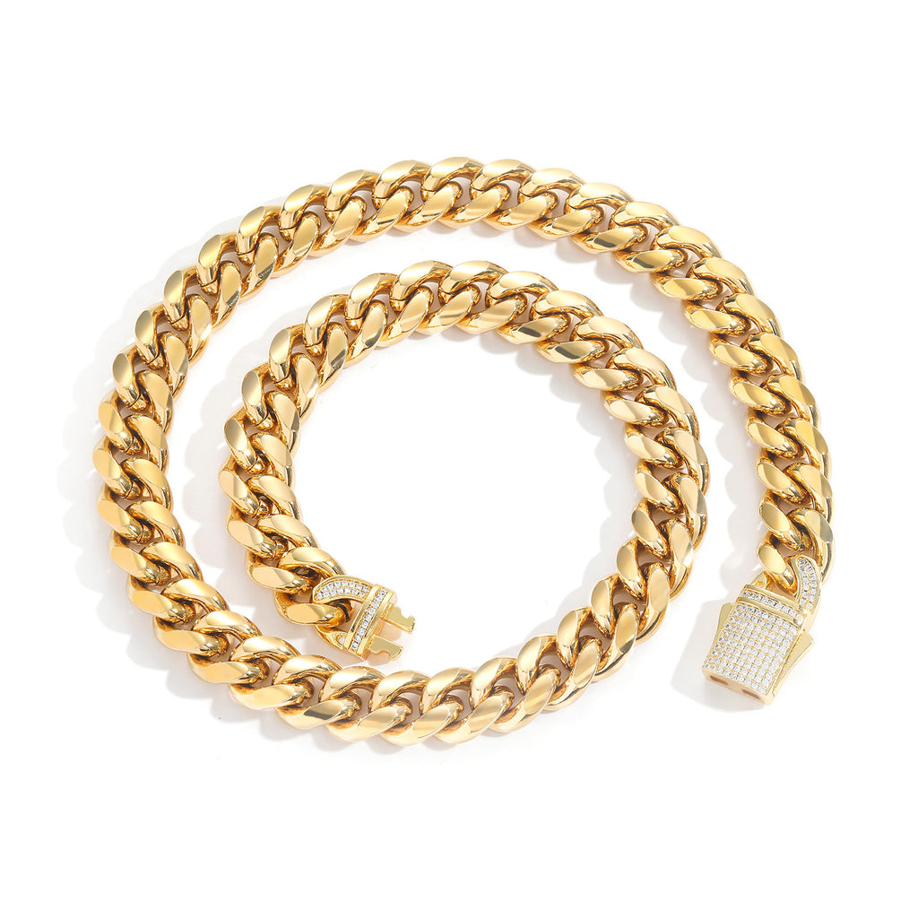 12MM 14K Gold Plated Iced Out Clasp Miami Cuban Link Chain