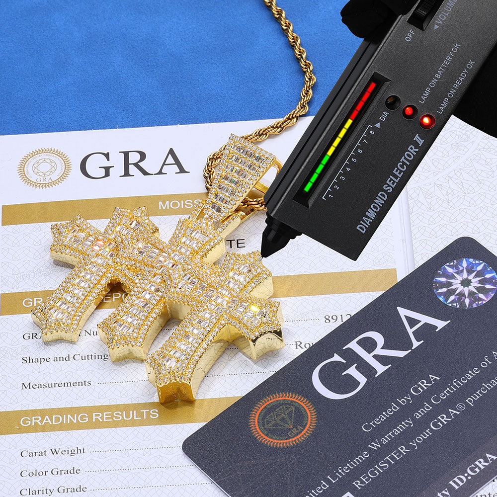 Moissanite Iced Out Baguette Cut Triple Cross Pendant gubanlink