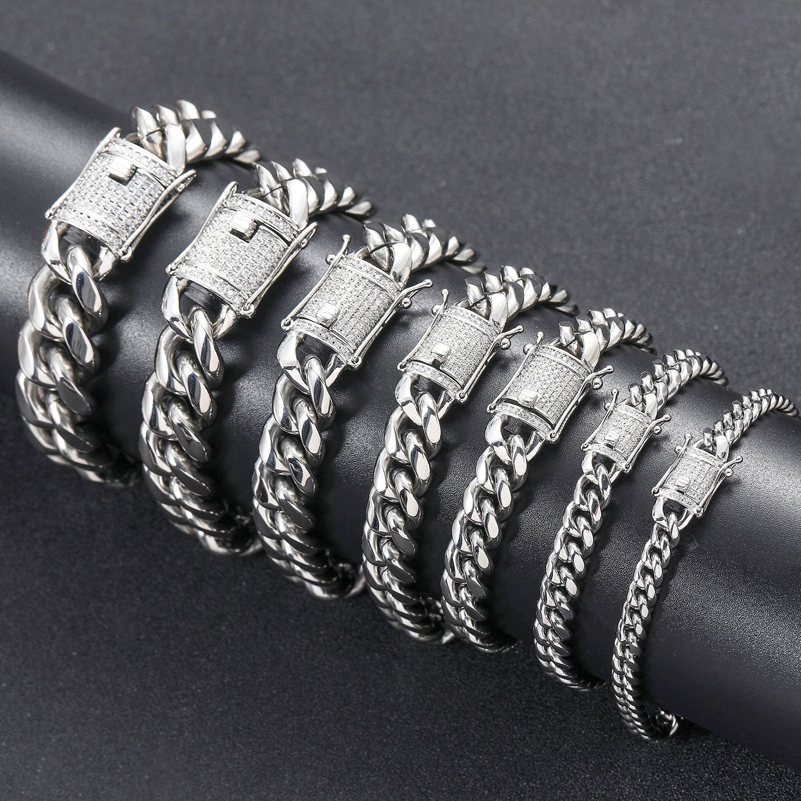 8/10/12/14/16/18MM White Gold Plated Stainless Steel Iced Out Miami Cuban Link Bracelet Thegoldlinks