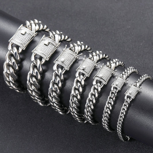 8/10/12/14/16/18MM White Gold Plated Stainless Steel Iced Out Miami Cuban Link Bracelet