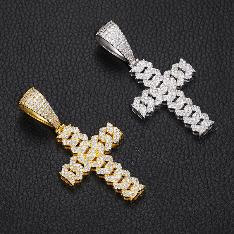 Moissanite and Diamond Cuban Cross Sterling Silver Pendant