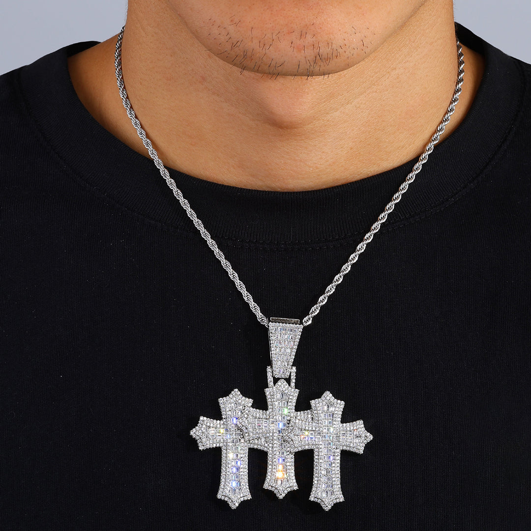 Moissanite Iced Out Baguette Cut Triple Cross Pendant gubanlink
