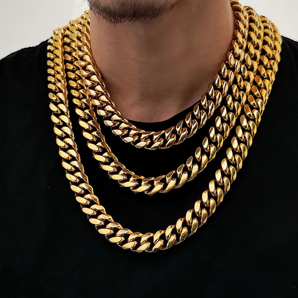 8/10/12/14/16/18MM 14K Gold Plated  Stainless Steel Iced Out Miami Cuban Link Chain