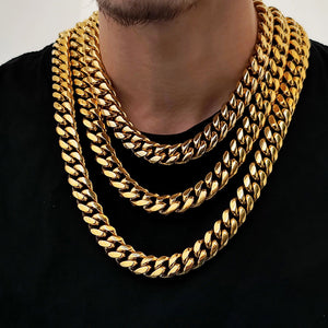 8/10/12/14/16/18MM 14K Gold Plated  Stainless Steel Iced Out Miami Cuban Link Chain