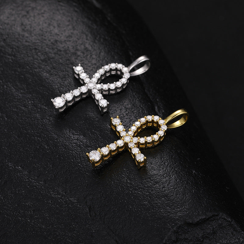 Moissanite and Diamond Micro Cross Pendant Necklace (Sterling Silver)