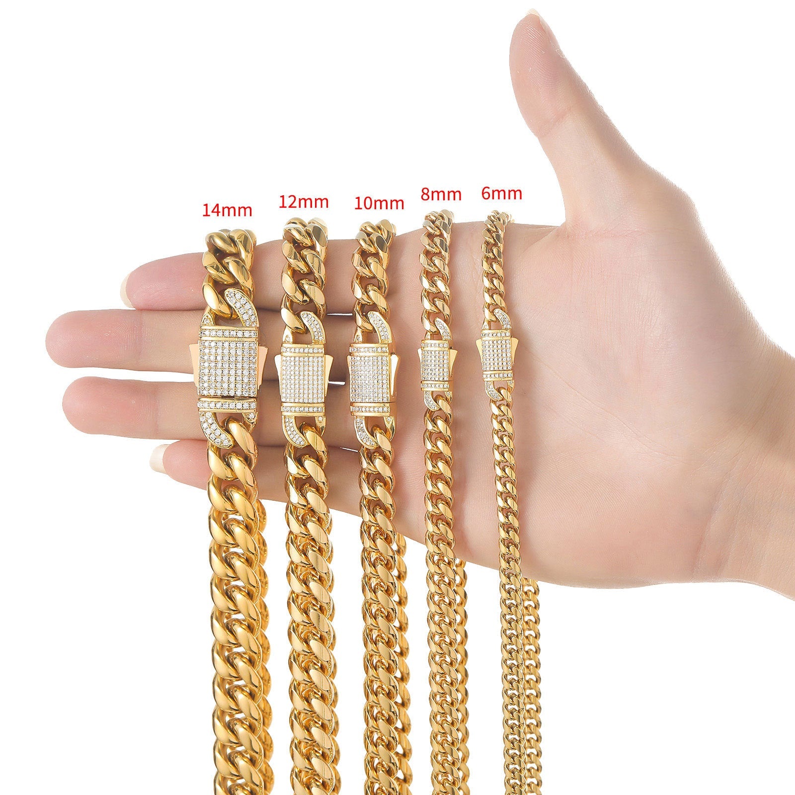 6-14mm 14K Gold Plated Iced Out Clasp Miami Cuban Link Chain Icedking