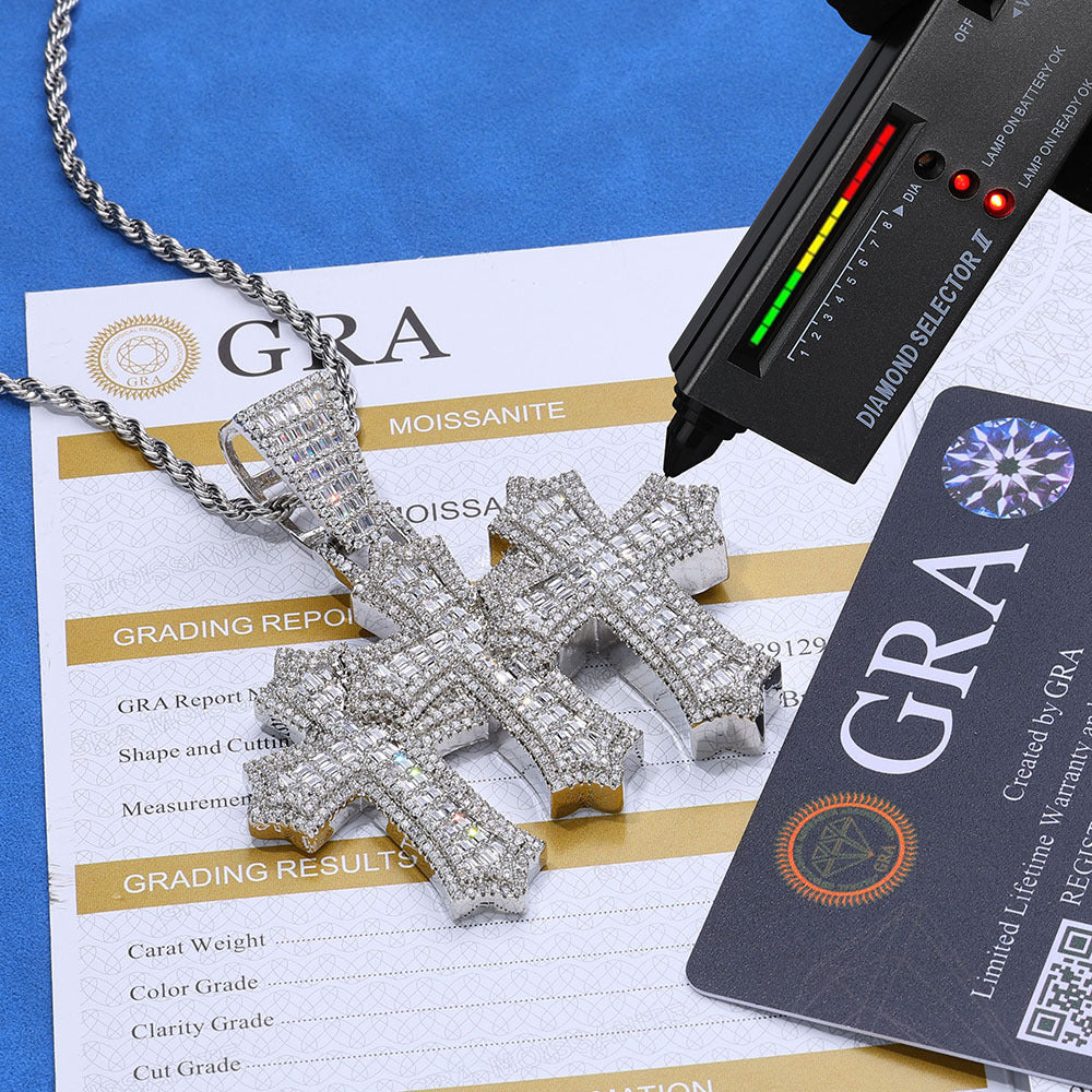 Moissanite Iced Out Baguette Cut Triple Cross Pendant gubanlink