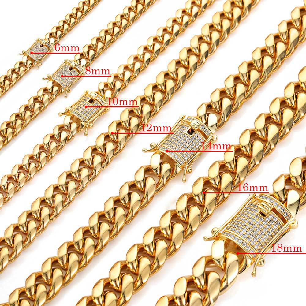 8/10/12/14/16/18MM 18K Gold Plated  Stainless Steel Iced Out Miami Cuban Link Chain