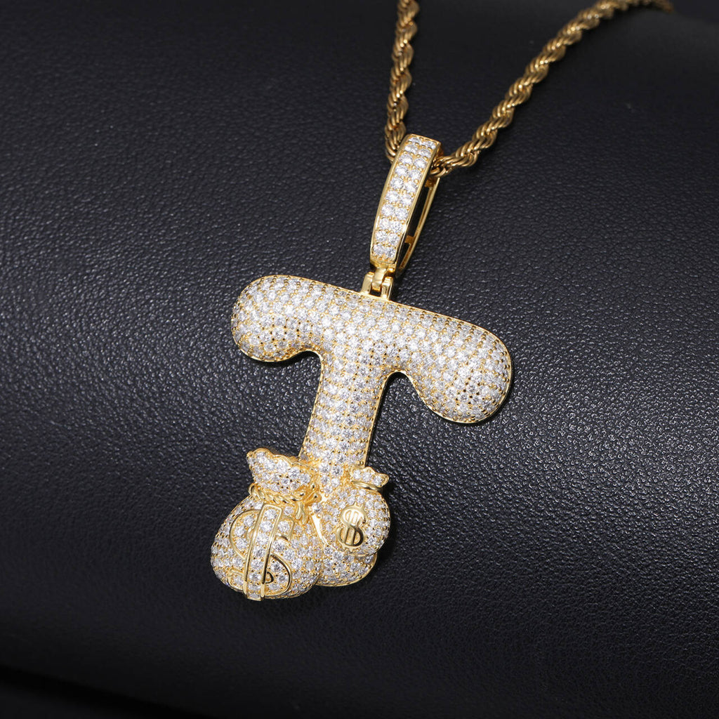 S925 Silver Moissanite Money Bag Letter Pendant