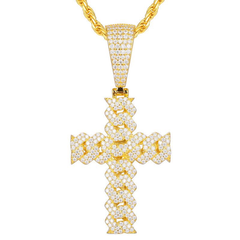 Moissanite and Diamond Cuban Cross Sterling Silver Pendant