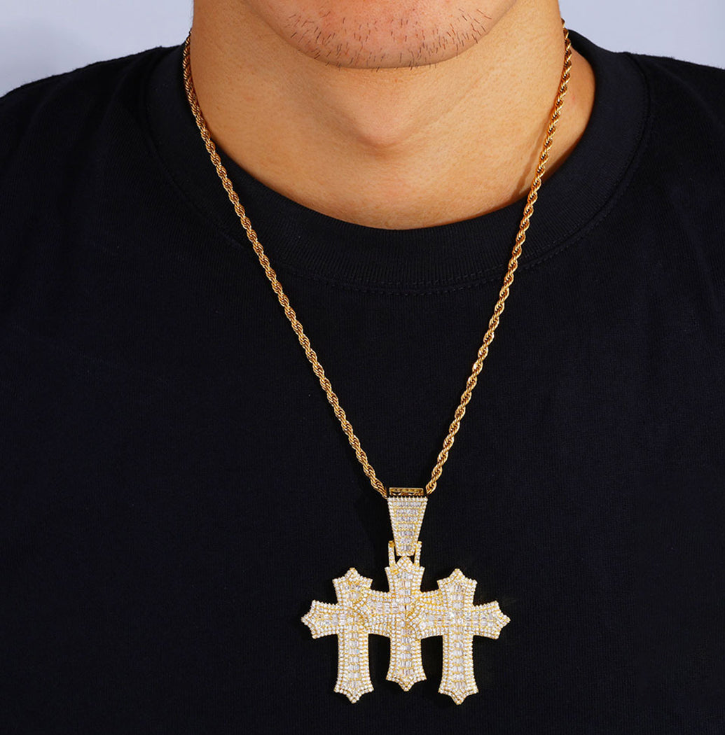 Moissanite Iced Out Baguette Cut Triple Cross Pendant gubanlink