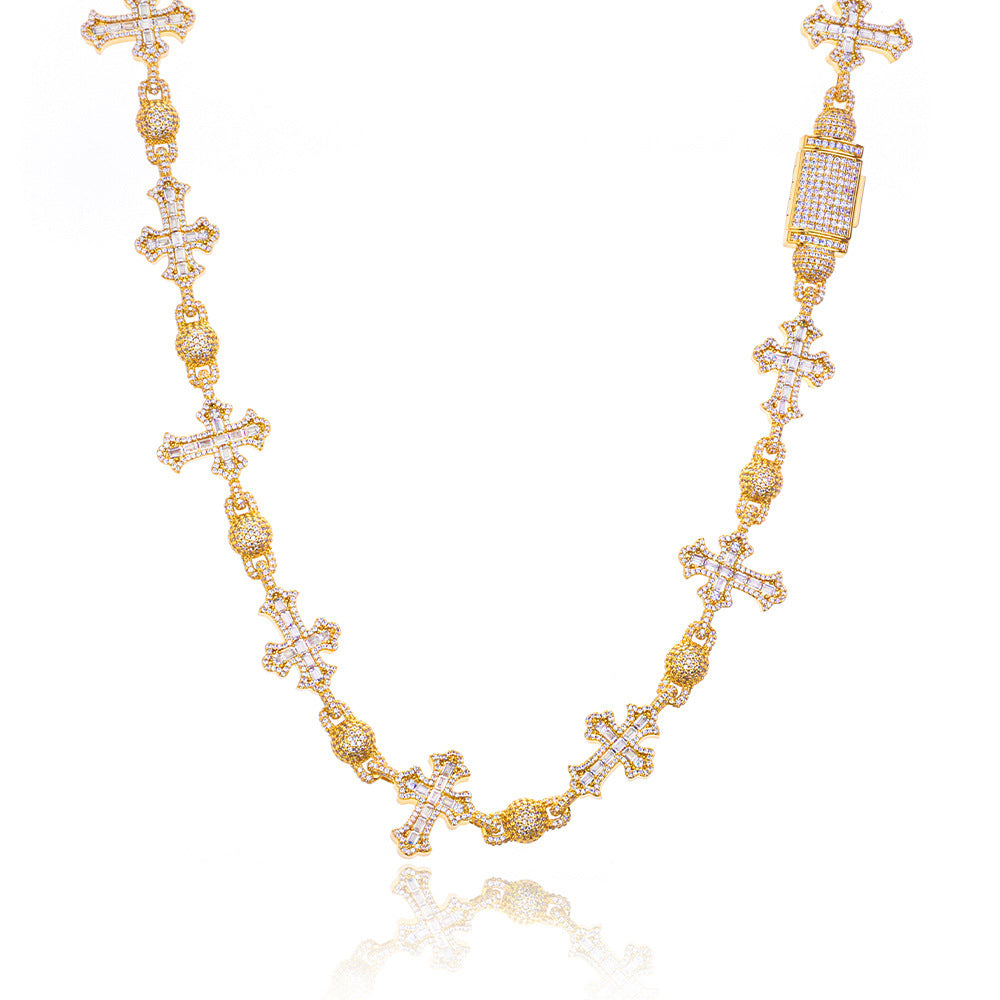 Full Diamond Round Bead T Square Zirconia Cross Cuban Link