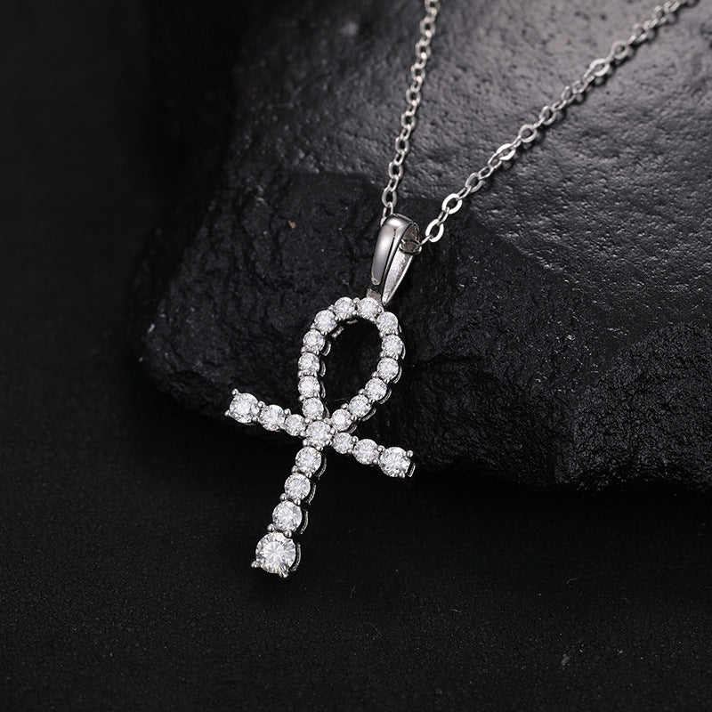 Moissanite and Diamond Micro Cross Pendant Necklace (Sterling Silver)