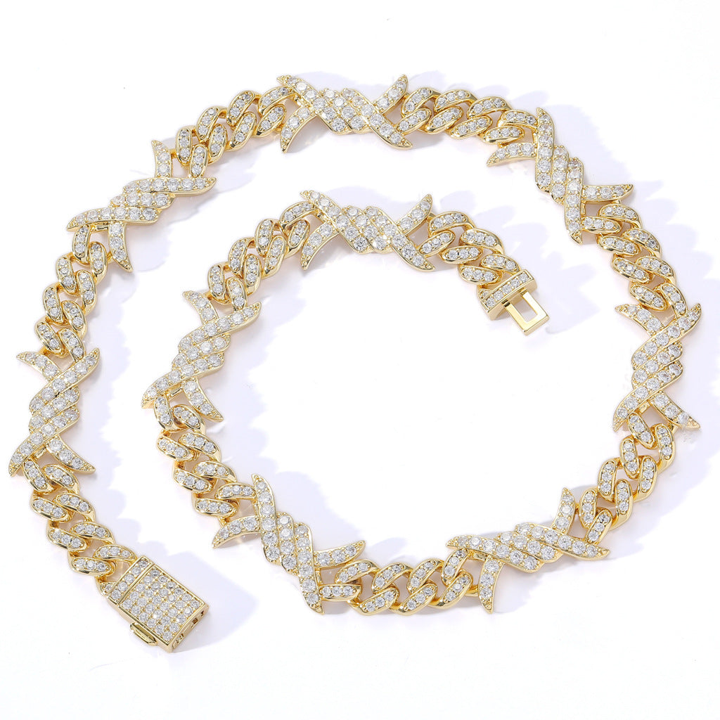 10MM 18K Gold  Plated Iced Out Barb Wire Cuban Link Chain