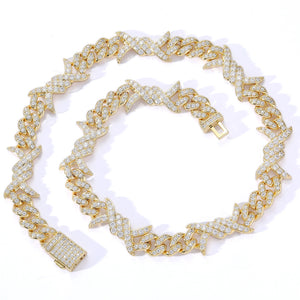 10MM 18K Gold  Plated Iced Out Barb Wire Cuban Link Chain
