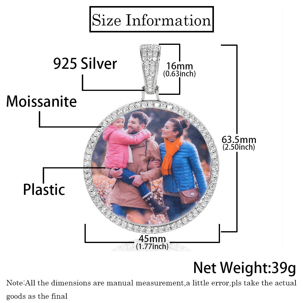 Moissanite S925 Sterling Silver Round Photo Frame Pendant