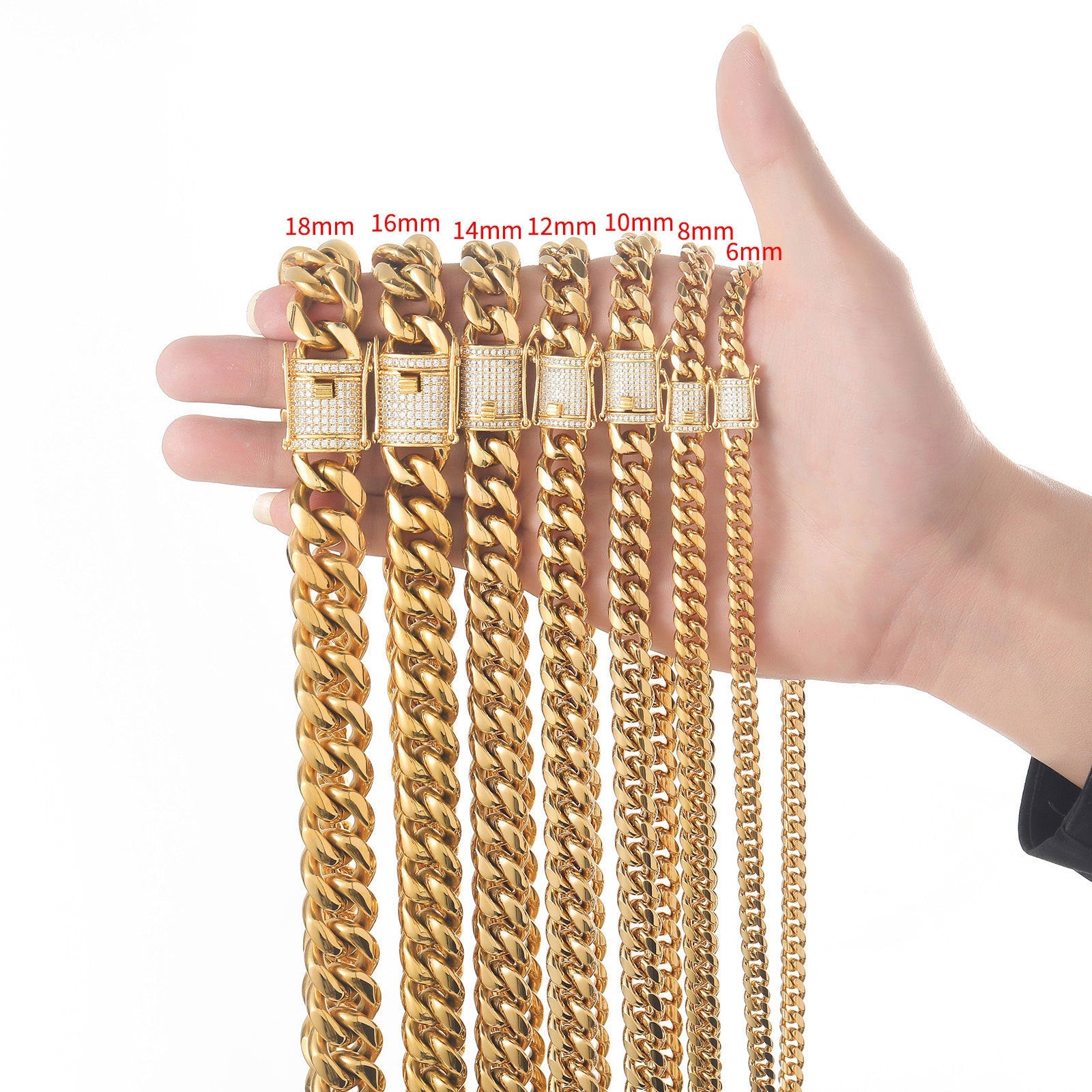 8/10/12/14/16/18MM 18K Gold Plated  Stainless Steel Iced Out Miami Cuban Link Chain Thegoldlinks