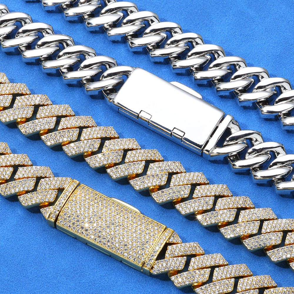 12mm S925 silver moissanite three-row  diamond Cuban Link Chain