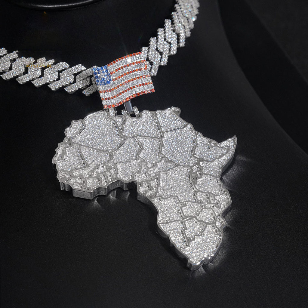 African Continent Pendant Icy Crystal Hip Hop Style 925 Sterling Silver Moissanite Gemstone