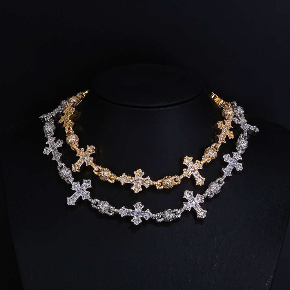 Full Diamond Round Bead T Square Zirconia Cross Cuban Link