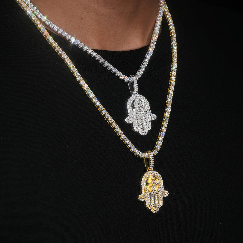 Silver Moissanite Diamond Baguette Hamsa Hand Necklace