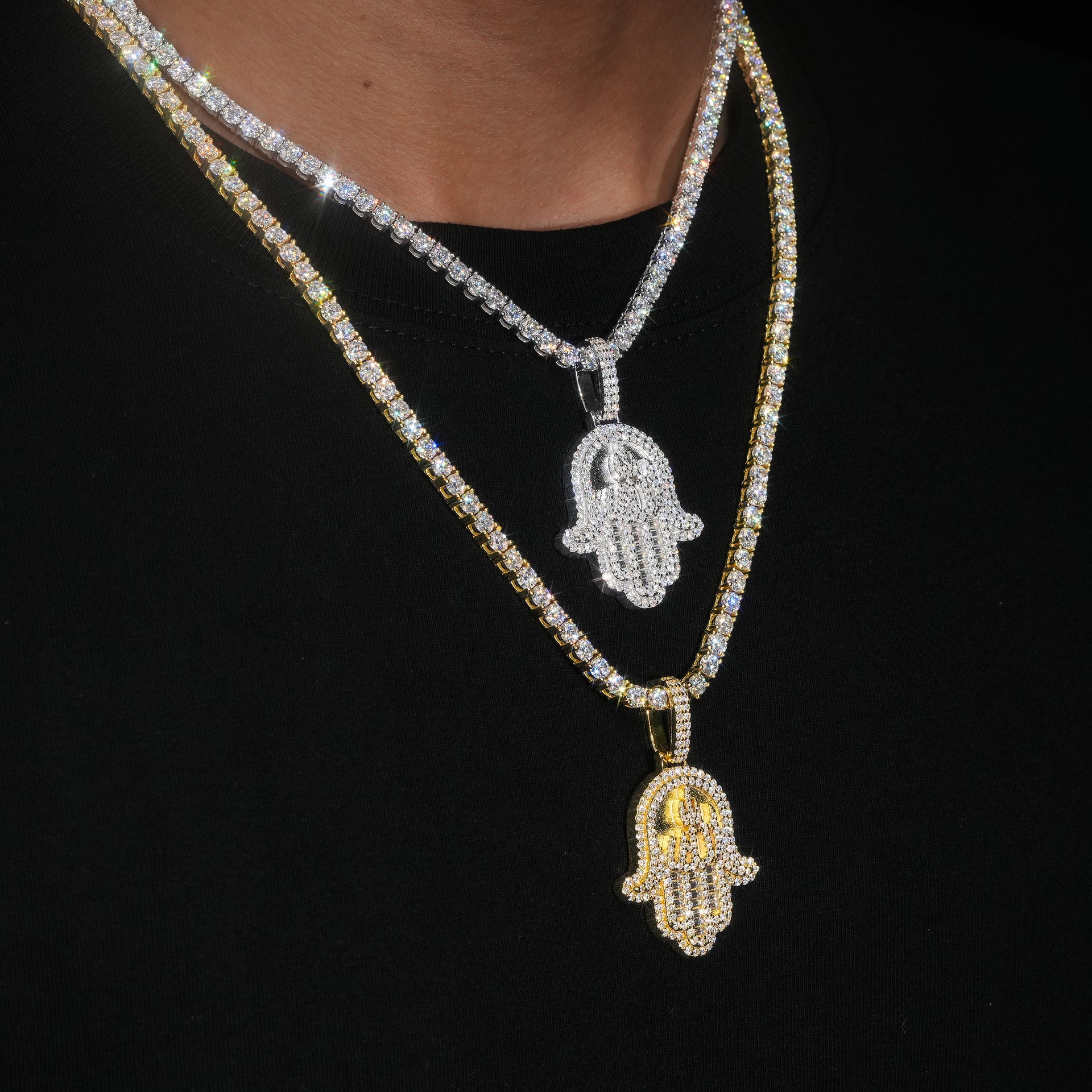 Silver Moissanite Diamond Baguette Hamsa Hand Necklace