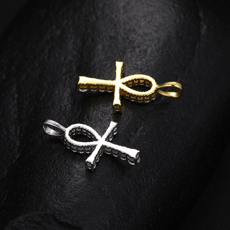 Moissanite and Diamond Micro Cross Pendant Necklace (Sterling Silver)