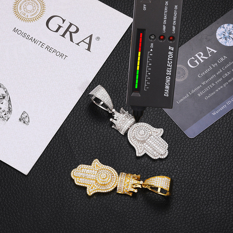 S925 Baguette Moissanite Hamsa Hand Pendant With Crown