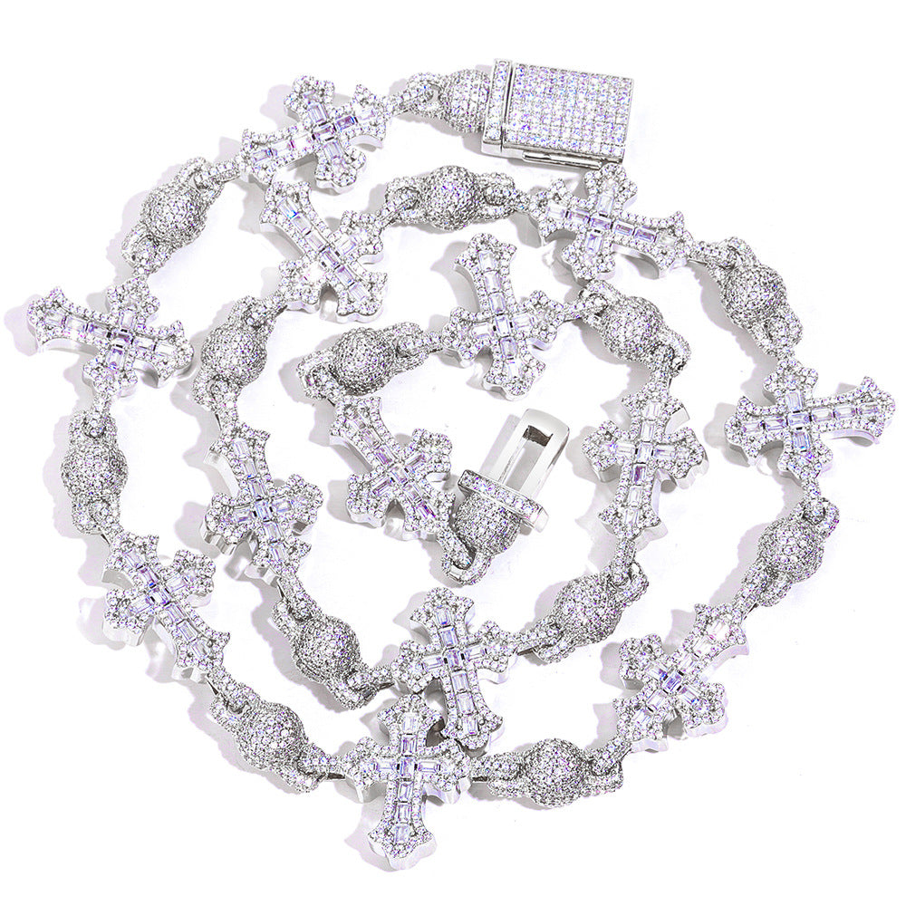 Full Diamond Round Bead T Square Zirconia Cross Cuban Link