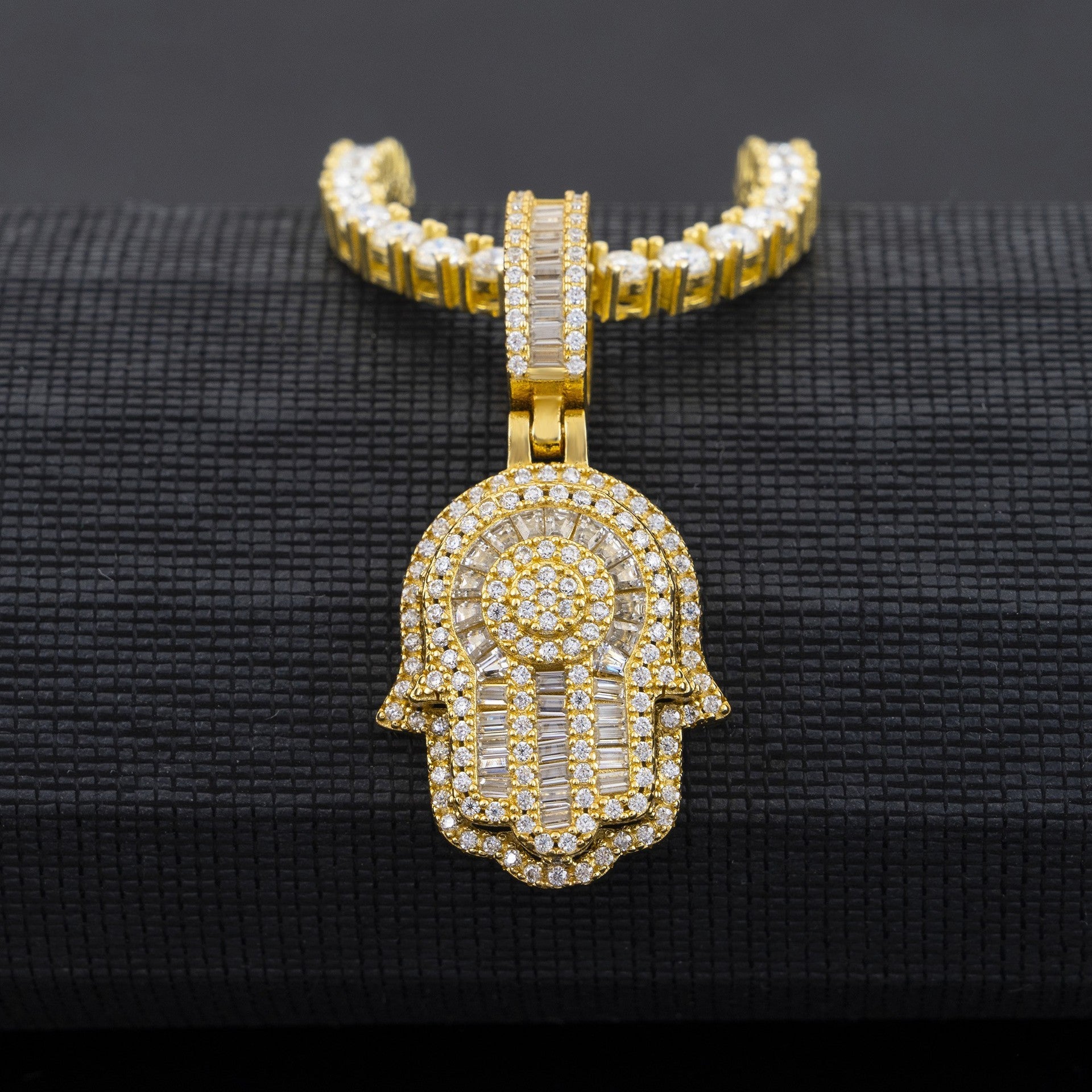 Silver VVS Moissanite Diamond Baguette Hamsa Hand Necklace Gubanlink