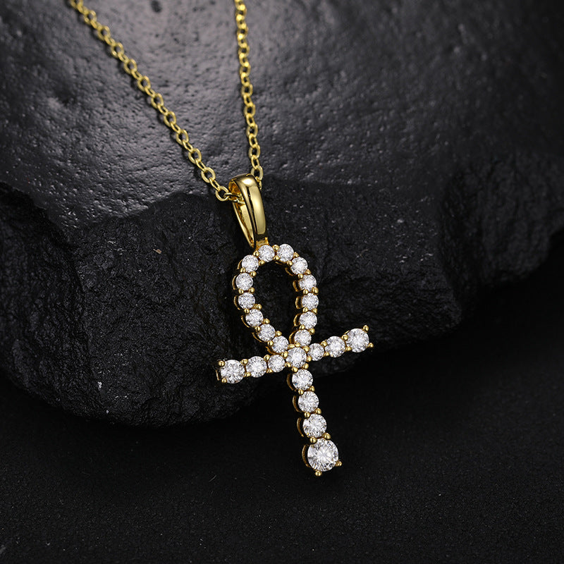 Moissanite and Diamond Micro Cross Pendant Necklace (Sterling Silver)