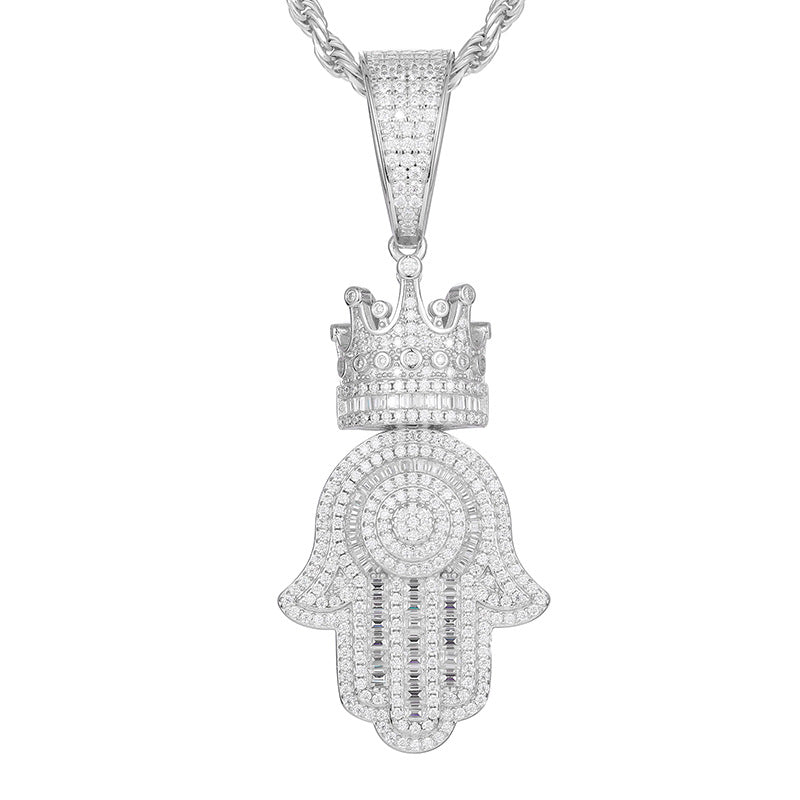 S925 Baguette Moissanite Hamsa Hand Pendant With Crown