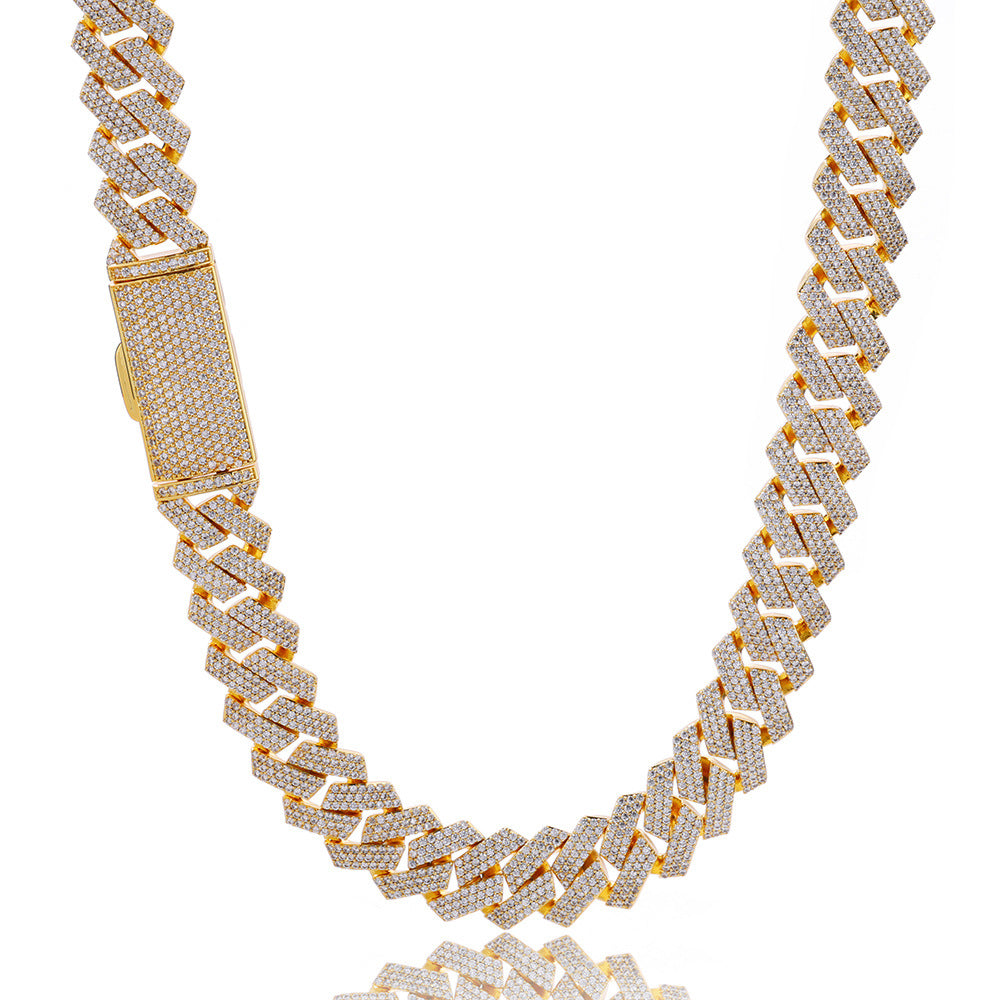 12mm S925 silver moissanite three-row  diamond Cuban Link Chain