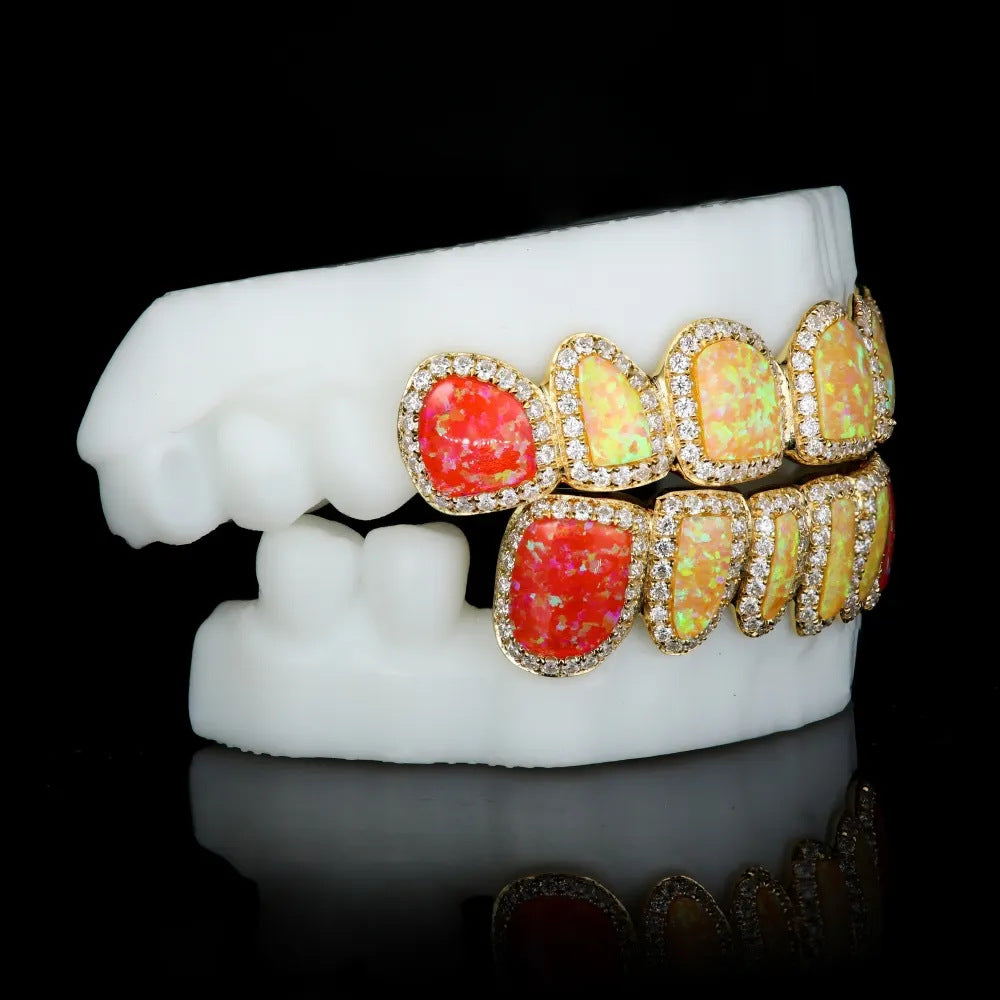 6 on 6 Pave Setting Multi-Colored Opal Custom Moissanite Grillz