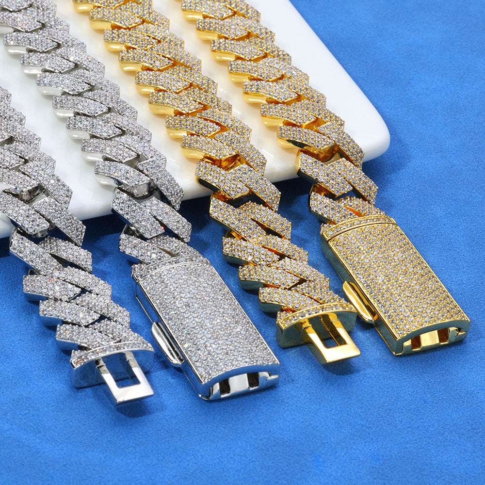 12mm S925 silver moissanite three-row  diamond Cuban Link Chain