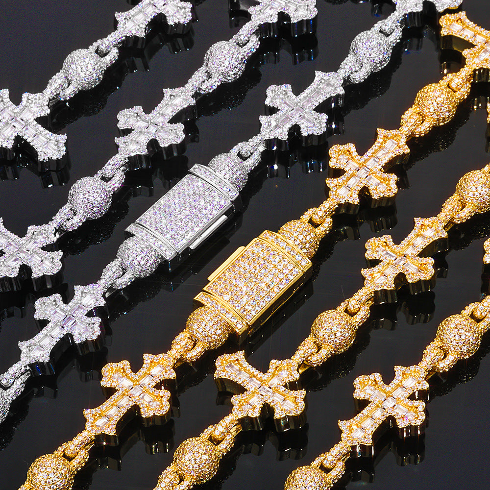 Full Diamond Round Bead T Square Zirconia Cross Cuban Link