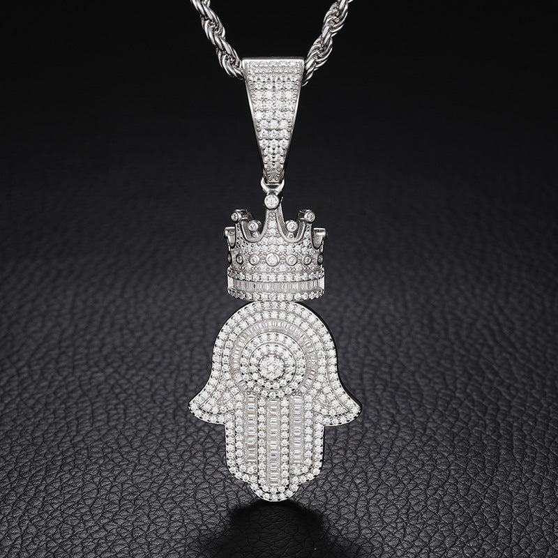 S925 Baguette Moissanite Hamsa Hand Pendant With Crown