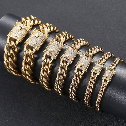 8/10/12/14/16/18MM 14K Gold Plated  Stainless Steel Iced Out Miami Cuban Link Bracelet