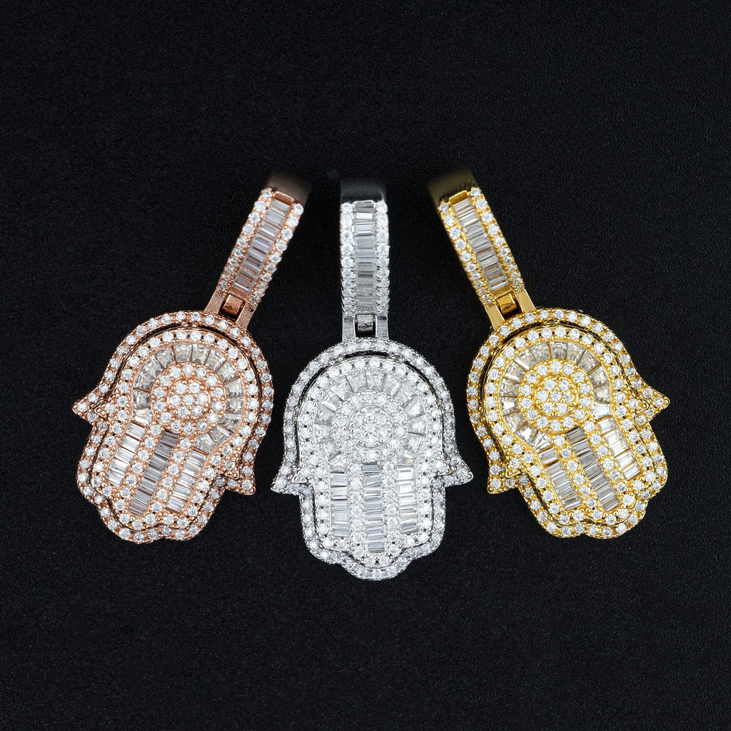 Silver VVS Moissanite Diamond Baguette Hamsa Hand Necklace