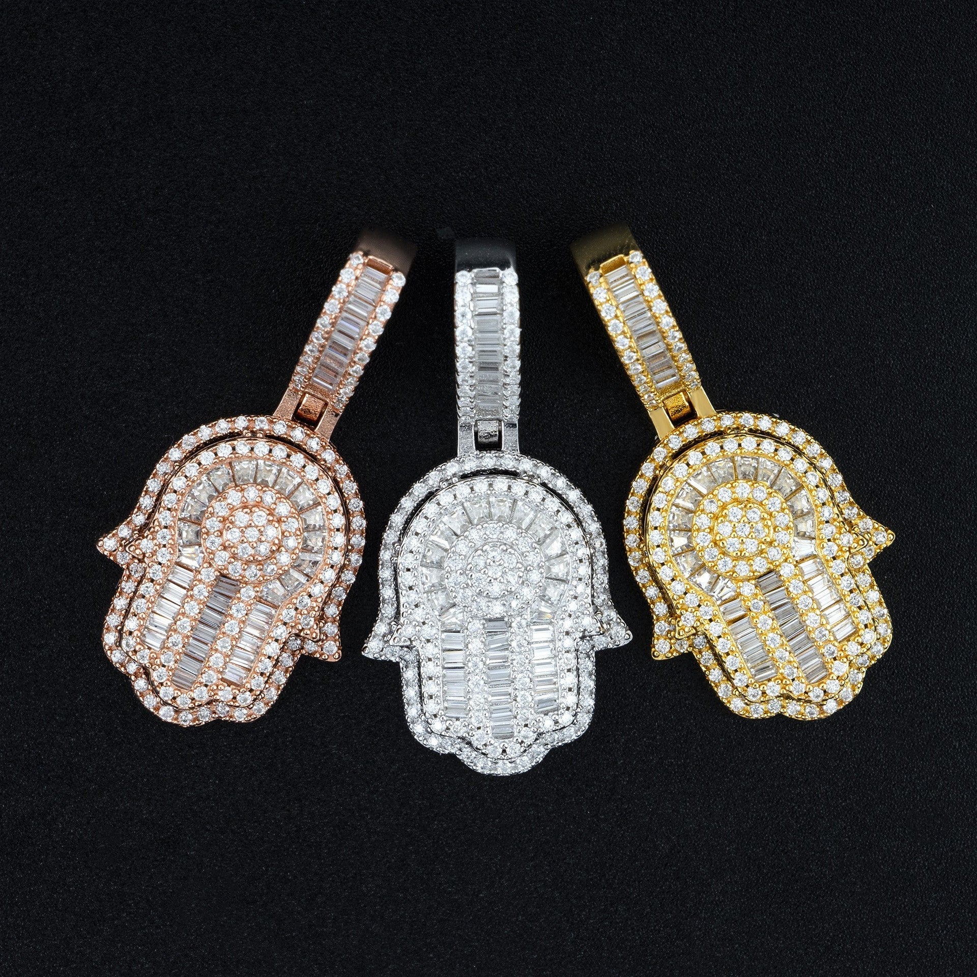Silver VVS Moissanite Diamond Baguette Hamsa Hand Necklace Gubanlink
