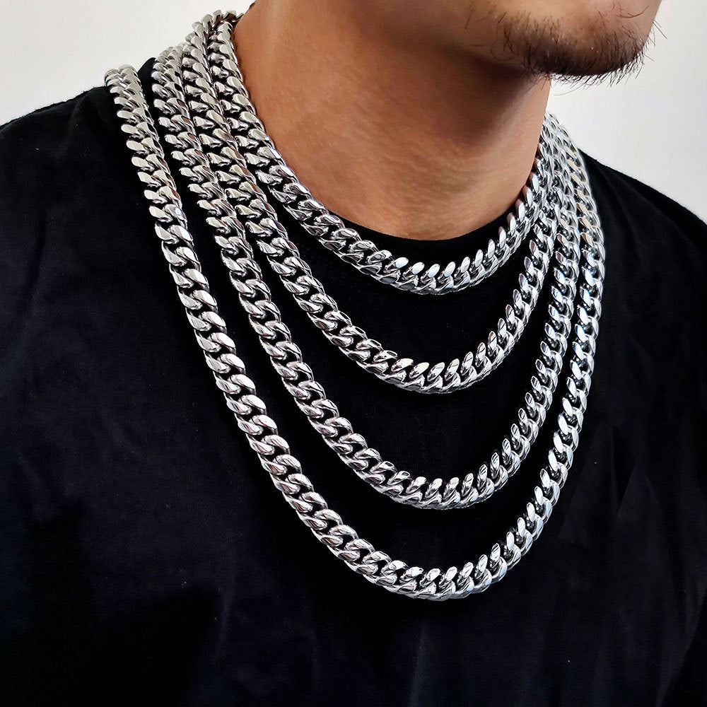 8/10/12/14/16/18MM White Gold Plated Stainless Steel Iced Out Miami Cuban Link Chain Thegoldlinks