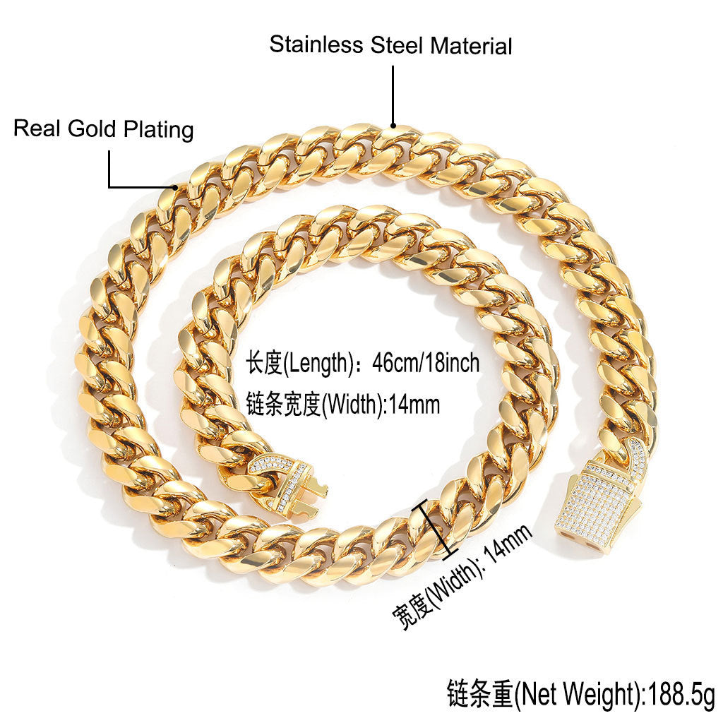 12MM 14K Gold Plated Iced Out Clasp Miami Cuban Link Chain