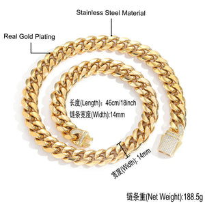 12MM 14K Gold Plated Iced Out Clasp Miami Cuban Link Chain