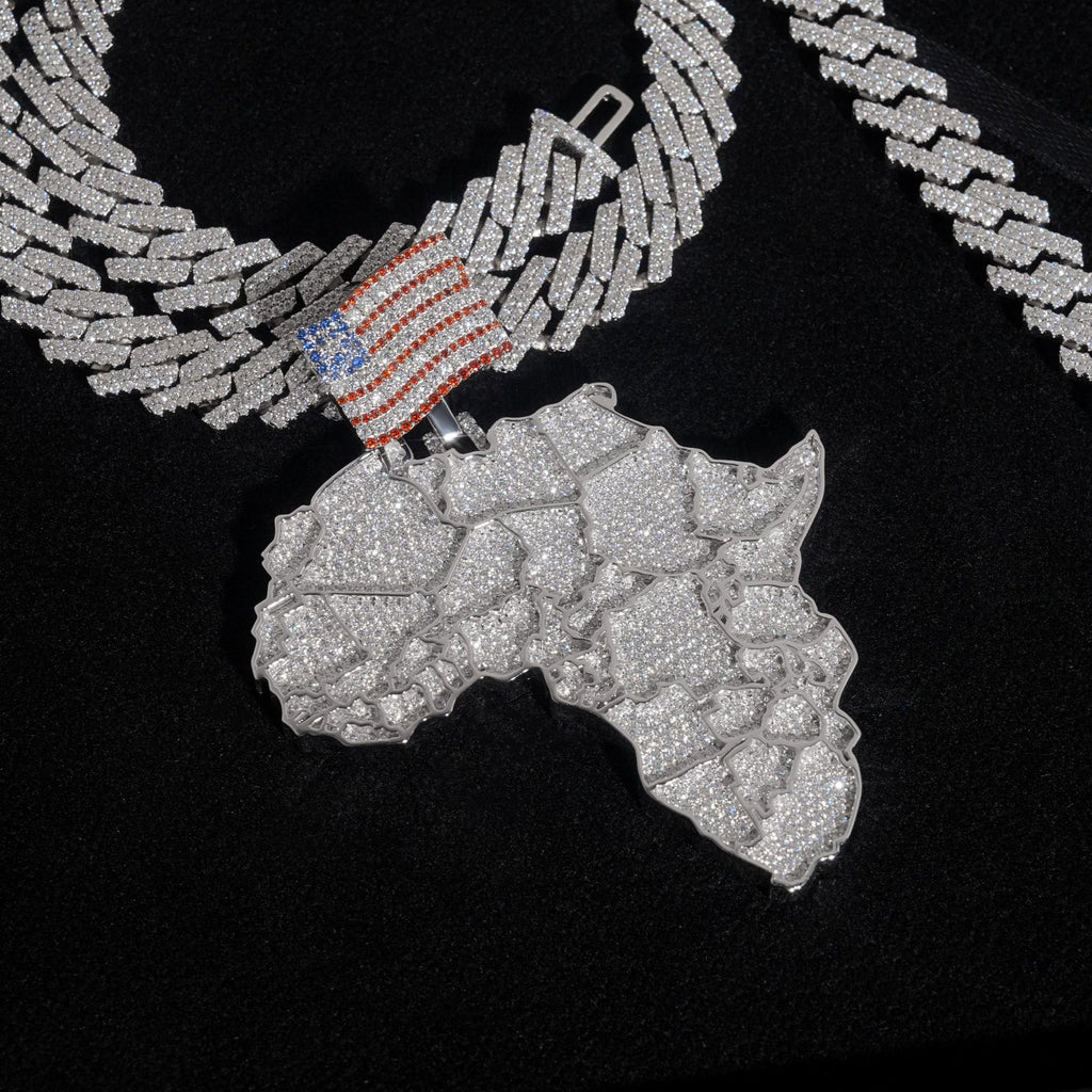 African Continent Pendant Icy Crystal Hip Hop Style 925 Sterling Silver Moissanite Gemstone