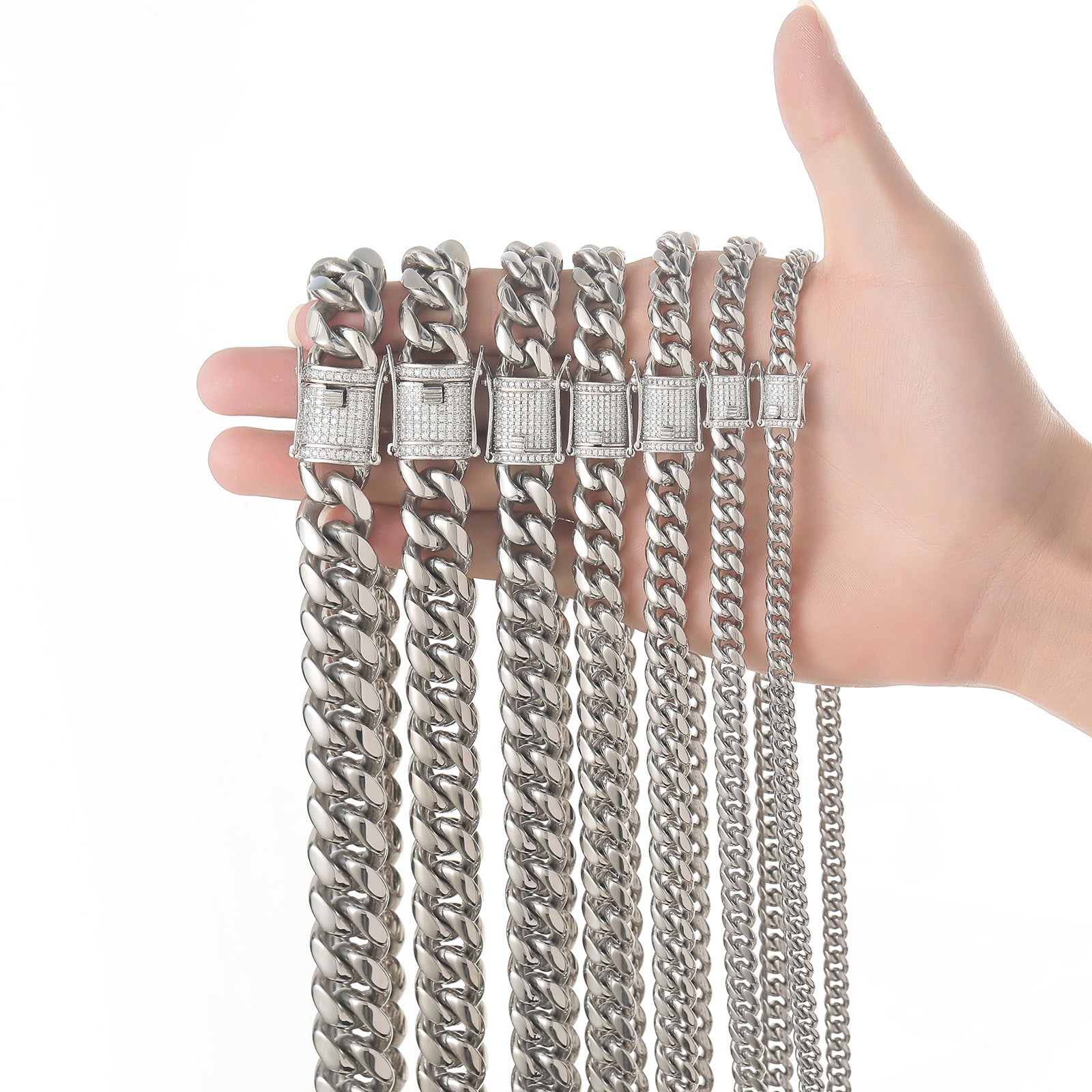 8/10/12/14/16/18MM White Gold Plated Stainless Steel Iced Out Miami Cuban Link Chain Thegoldlinks