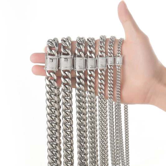 8/10/12/14/16/18MM White Gold Plated Stainless Steel Iced Out Miami Cuban Link Chain