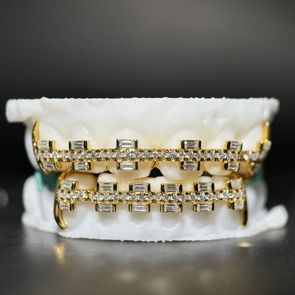 Gubanlink Emerald Cut Inlaid Braces VVS Moissanite 925 Silver Hip Hop Teeth Grillz
